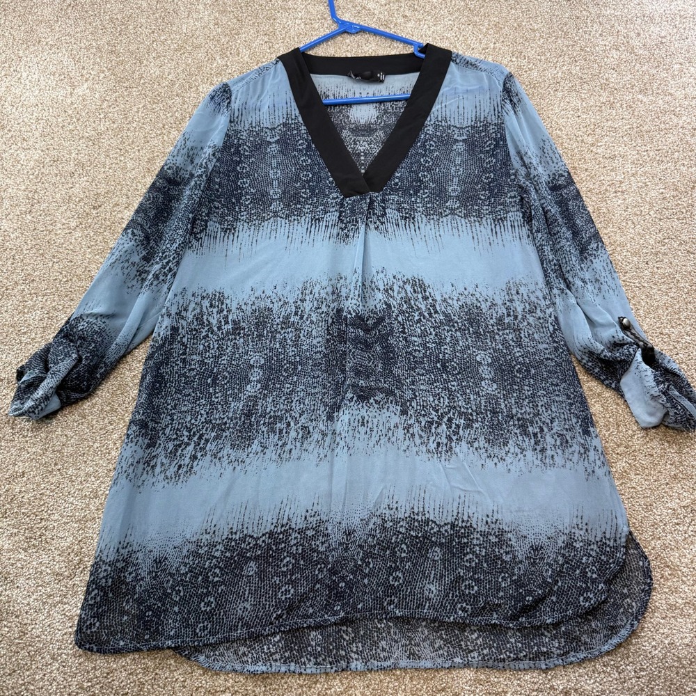 Noir Womens Blue Black Snakeskin Print V-Neck Roll-Tab Sleeve Tunic Top M Work